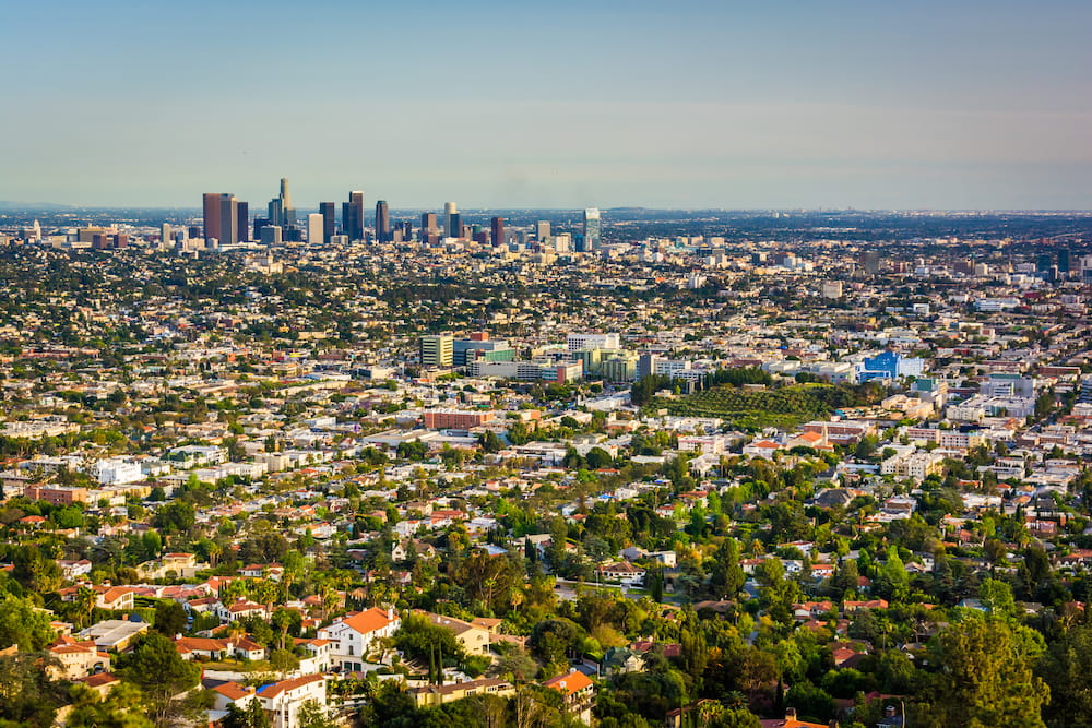 View of the downtown Los Angeles Skyline, from Griffith Observatory, in Los Angeles, California.
